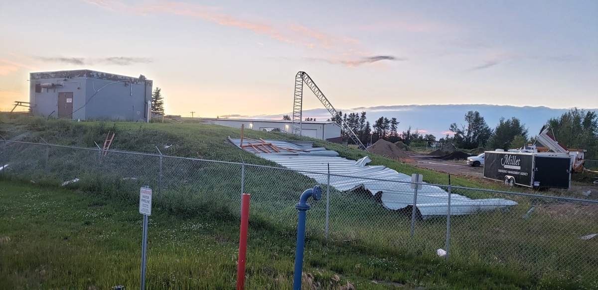 Storm damage in Millet, Alta., after a severe storm tore through Thursday, July 16, 2020.