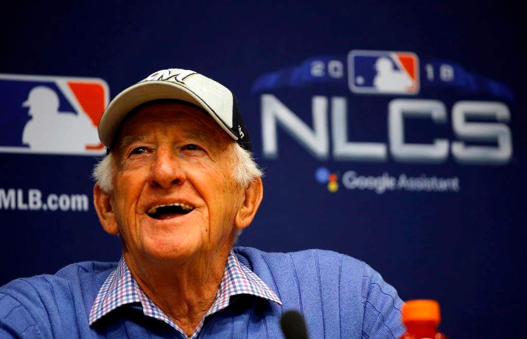 Milwaukee Brewers sportscaster Bob Uecker speaks at a news conference Friday, Oct. 12, 2018, in Milwaukee.
