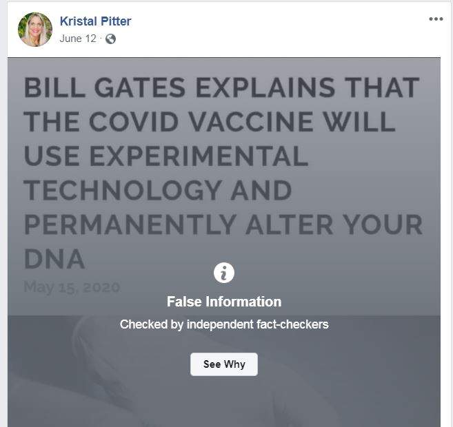 Some posts on the Kristal Pitter Facebook page have been flagged for false information.
