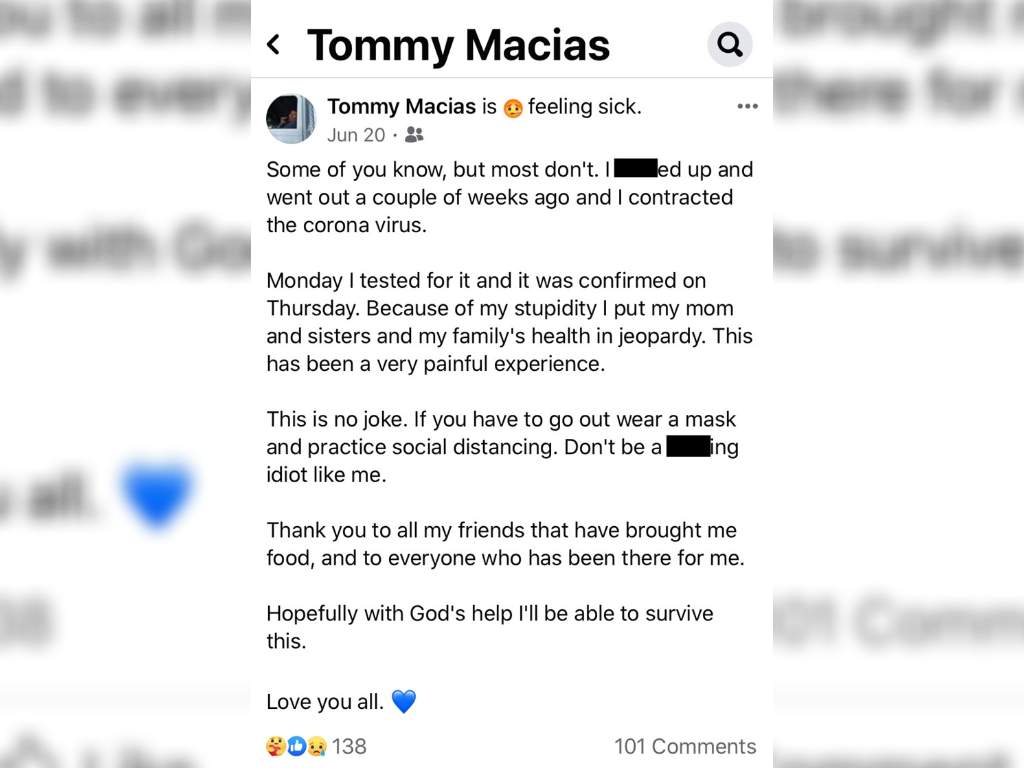 Thomas Macias shared his regrets for attending a party on Facebook days before he died of COVID-19.