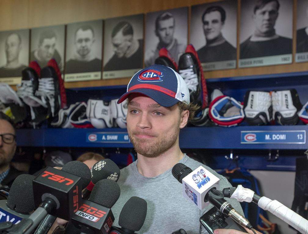 Montreal Canadiens centre Max Domi speaks to the media at the team's end of season availability, Tuesday, April 9, 2019 in Brossard, Que.