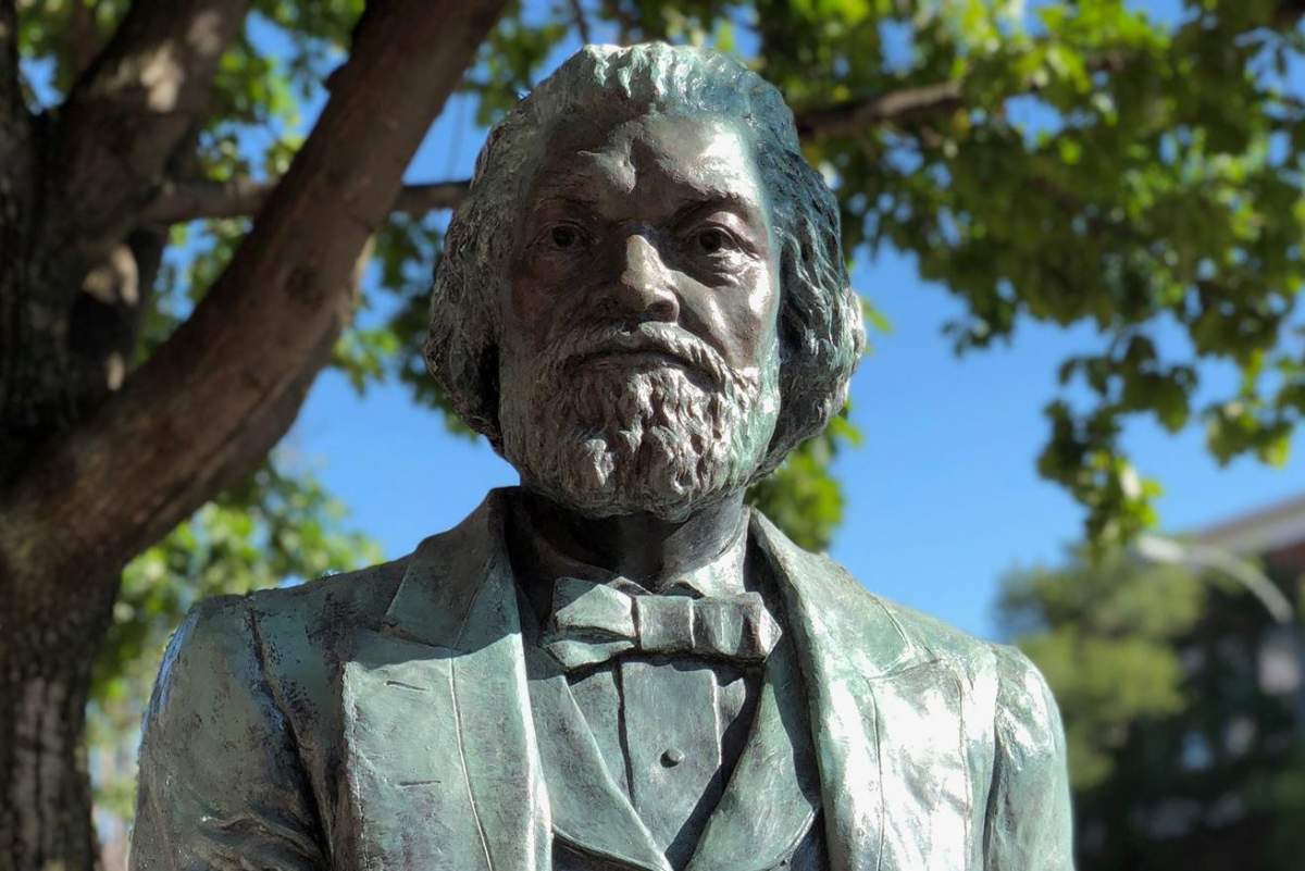 One of 13 statues of Frederick Douglass, sculpted by artist Olivia Kim, is shown in Rochester, N.Y., in this 2018 file photo.