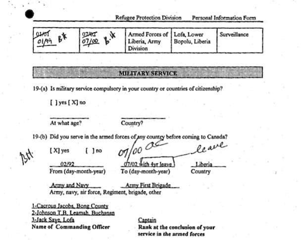 Immigration documents show that Canadian officials knew almost immediately of Bill Horrace’s involvement in the Liberian forces, although he only admitted to being an army chaplain and conducting “surveillance.”