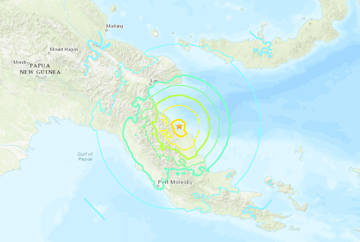 The epicentre of a 7.3-magnitude earthquake off Papua New Guinea on July 16, 2020.