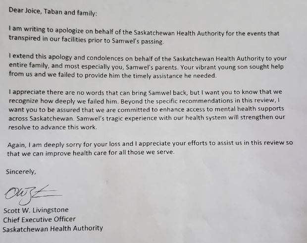 Saskatchewan Health Authority letter addressed to the family of Samwel Uko.