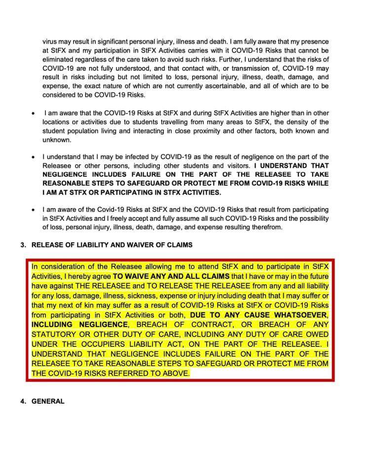 A legal waiver distributed to students at St. Francis Xavier University.