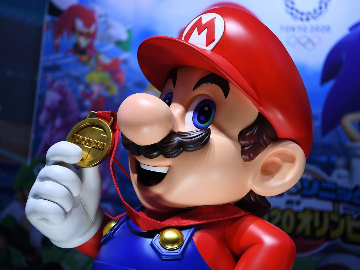 Character of Nintendo franchise Mario is seen at a promotional booth for the video game 'Mario & Sonic at the Olympic Games Tokyo 2020' during the Tokyo Game Show in Makuhari, Chiba Prefecture, on Sept. 12, 2019.
