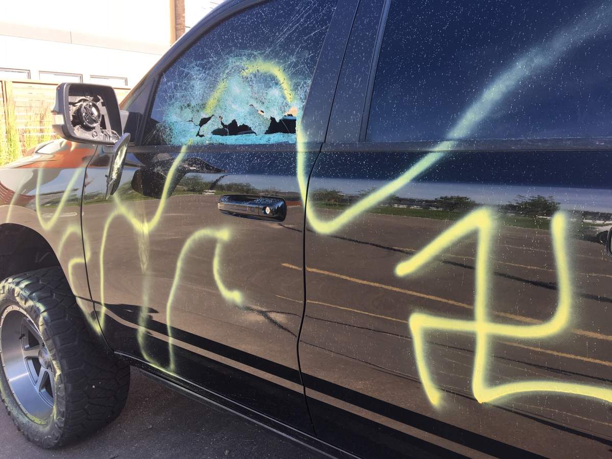 Vehicles were vandalized with yellow spray paint and windows were smashed in Edmonton’s Chappelle neighbourhood. Vehicle pictured Thursday, July 9, 2020.
