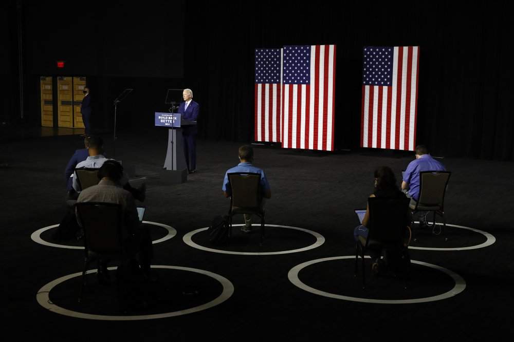FILE - In this July 14, 2020, file photo Democratic presidential candidate, former Vice President Joe Biden speaks during a campaign event in Wilmington, Del. 