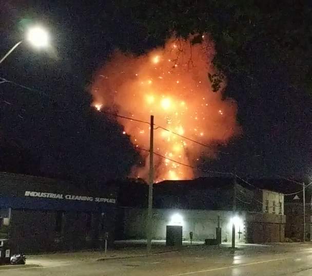 The explosion at 450 Woodman Ave. in London, Ont., on Aug. 14, 2019, as seen from Dundas Street just east of Ontario Street.