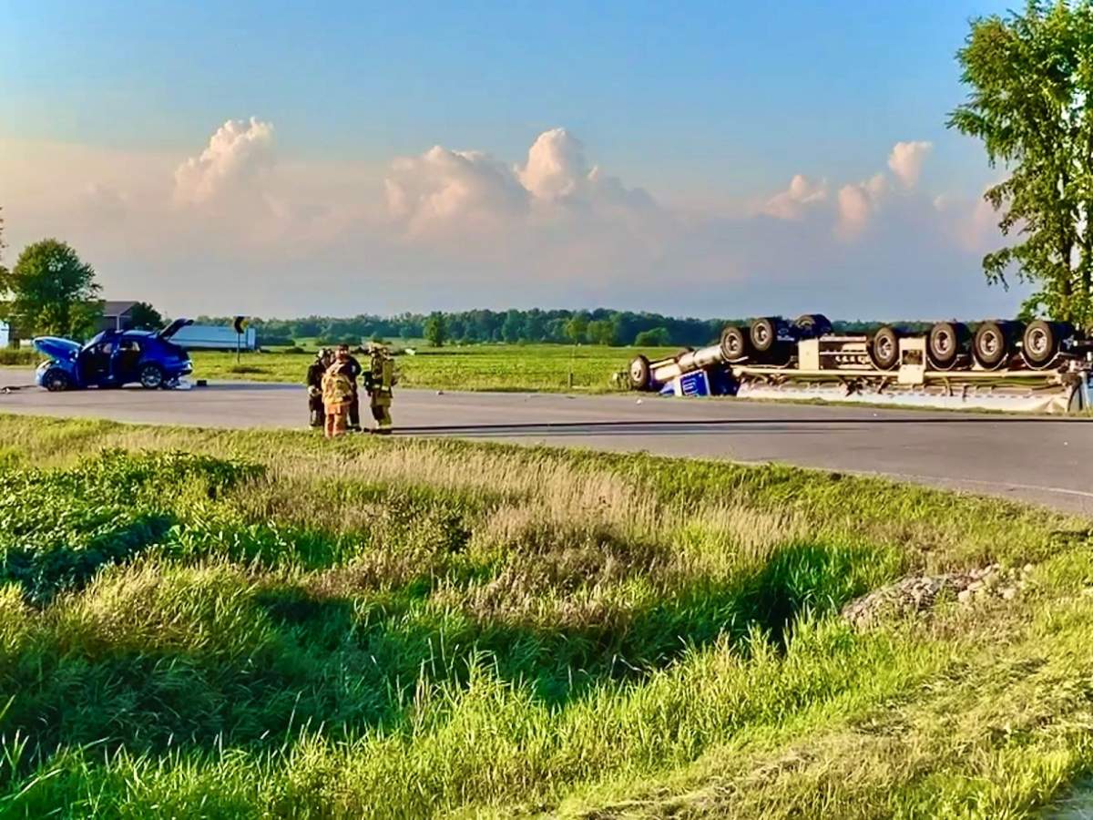 Police say a 55-year-old Calendon woman was pronounced dead at the scene of Monday's crash.