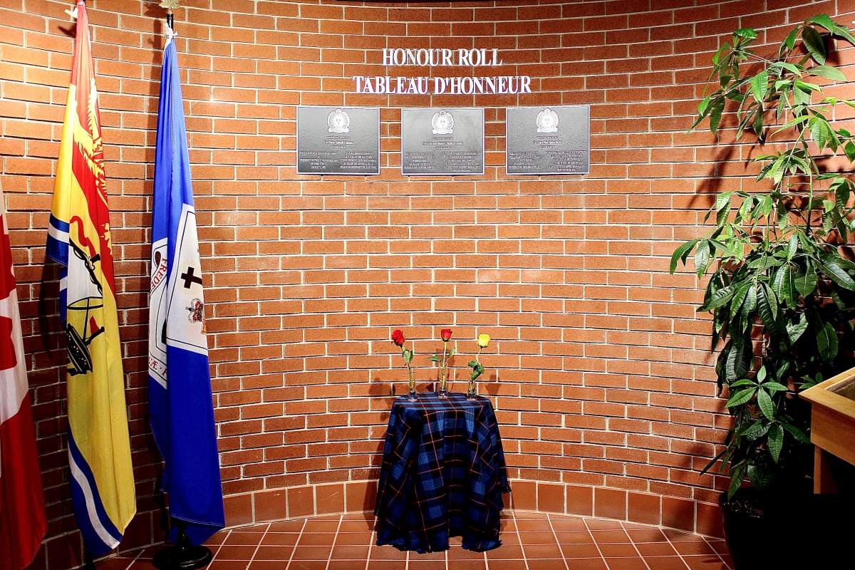 The Fredericton Police Force Honour Roll on the ground floor of its headquarters to Const. Sara Costello and Const. Robb Burns, as well as Const. Perley S. Calhoun.