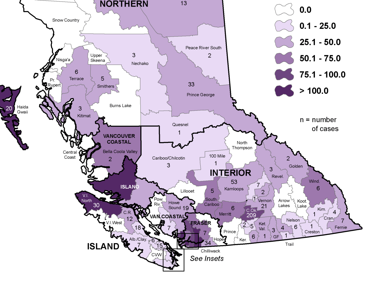 A map showing a smaller, regional breakdown of coronavirus cases throughout B.C.