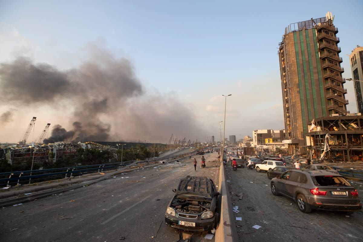 The aftermath of a massive explosion is seen in Beirut.