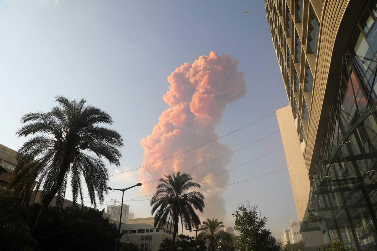 Pink smoke rises following the explosion in Beirut, Lebanon, Aug. 4, 2020. Xinhua via ZUMA Press/via CP