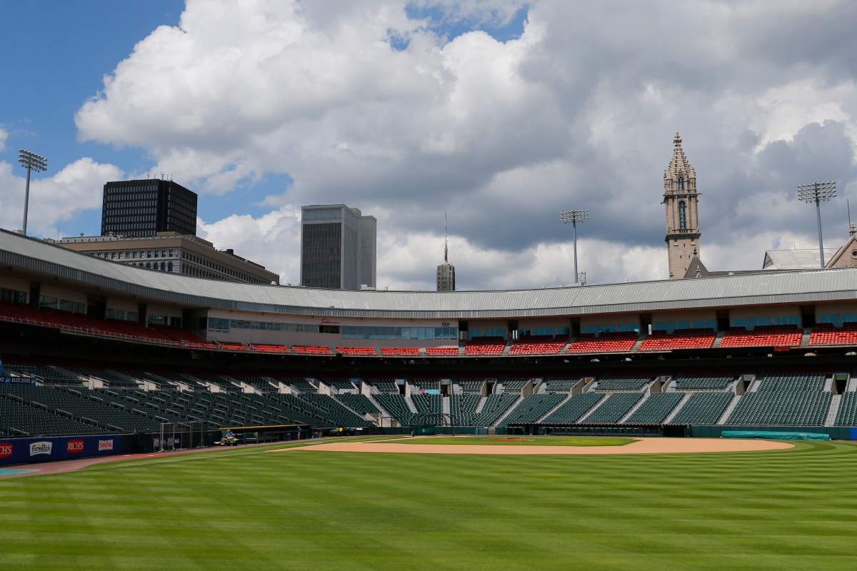 FILE - In this July 24, 2020, file photo, Sahlen Field, home of the Toronto Blue Jays' Triple-A affiliate, in Buffalo, N.Y., is viewed. The Blue Jays will walk onto the field Tuesday, Aug. 11, 2020, as the host team for the first time in 2020.