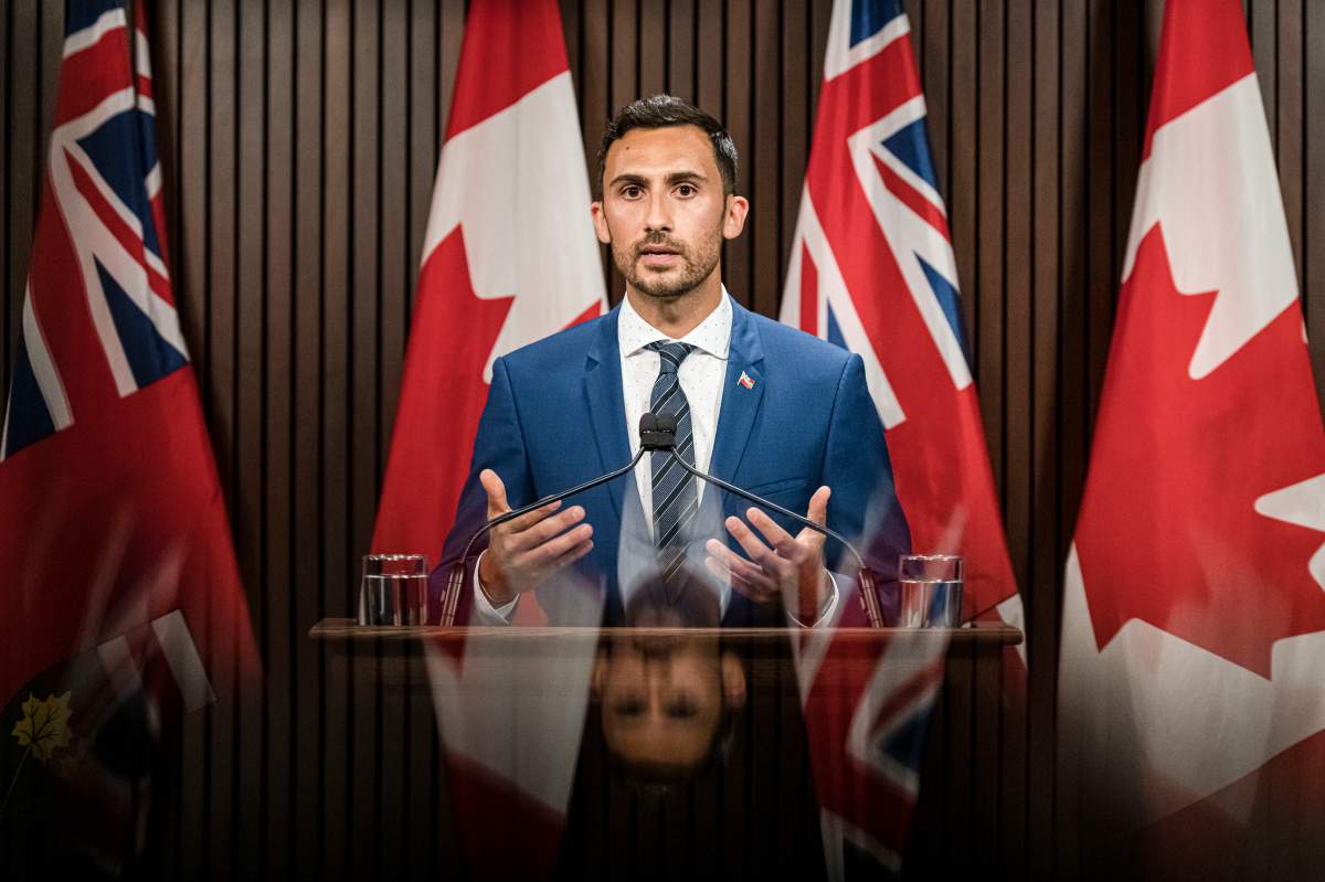 Ontario Minister of Education, Stephen Lecce makes an announcement at Queen's Park in Toronto, on Thurs., Aug, 13, 2020.