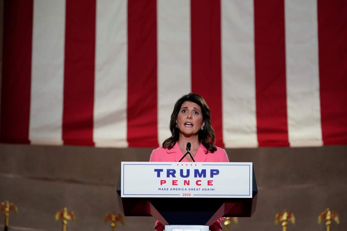 Former U.N. Ambassador Nikki Haley speaks during the Republican National Convention from the Andrew W. Mellon Auditorium in Washington, Monday, Aug. 24, 2020. (AP Photo/Susan Walsh)