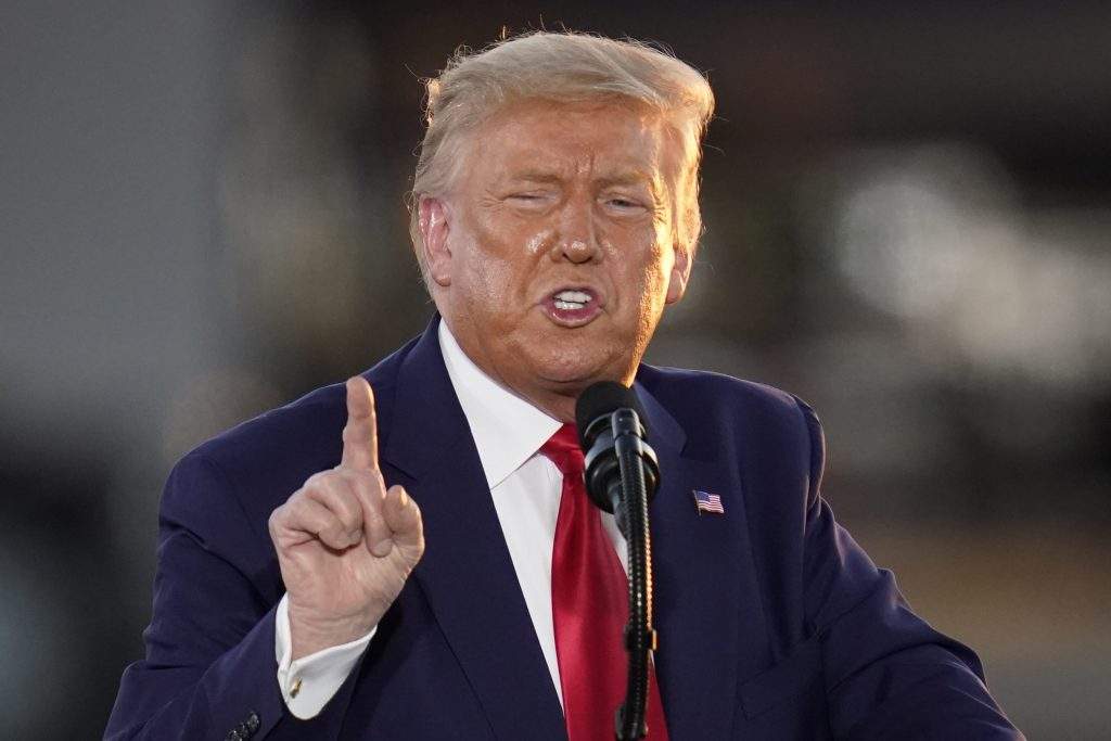 President Donald Trump speaks during a campaign rally at Manchester-Boston Regional Airport, Friday, Aug. 28, 2020, in Londonderry, N.H. 