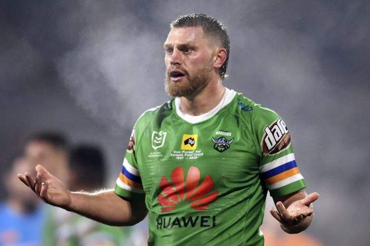 Elliott Whitehead of the Canberra Raiders National Rugby League team raises his arms after his try was disallowed during a match against the Melbourne Storm in Canberra, Australia, July 11, 2020. Chinese telecom giant Huawei announced on Monday, Aug. 31, 2020, it is ending its oldest major sporting sponsorship deal in the world when it ends its contract with the Canberra Raiders after nine years, blaming a "continued negative business environment.".
