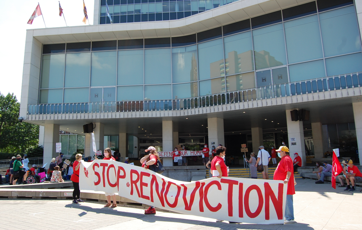 A tenants rights group rallied in front of Hamilton city hall, calling for councillors to implement a bylaw to prevent renovictions.