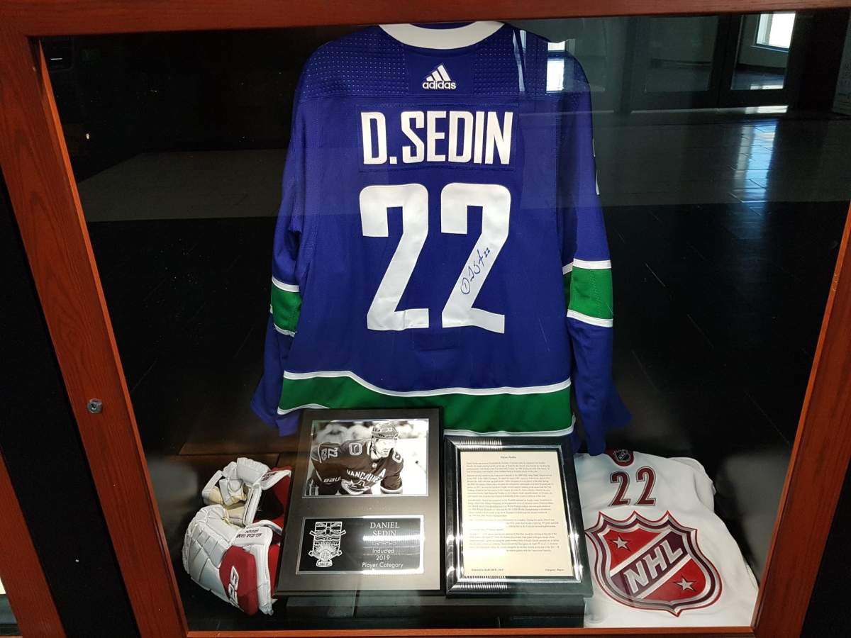 Daniel Sedin’s jersey inside the BC Hockey Hall of Fame before it was allegedly stolen earlier this month.