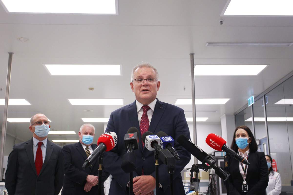 Prime Minister Scott Morrison addresses the media during a visit to AstraZeneca on Aug. 19, 2020 in Sydney, Australia. The Australian government has announced an agreement with the British pharmaceutical giant AstraZeneca to secure at least 25 million doses of a COVID-19 vaccine if it passes clinical trials.  (Photo by Lisa Maree Williams/Getty Images)