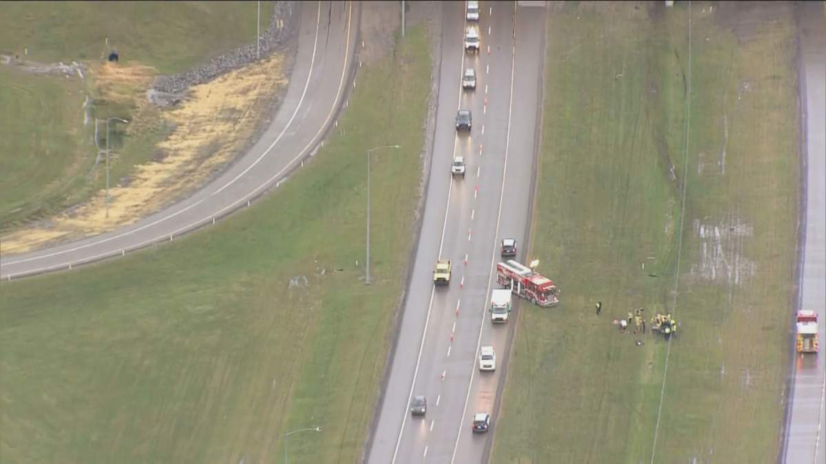 Edmonton police investigate a serious collision along eastbound Anthony Henday Drive at 66 Street Thursday, Aug. 27, 2020.