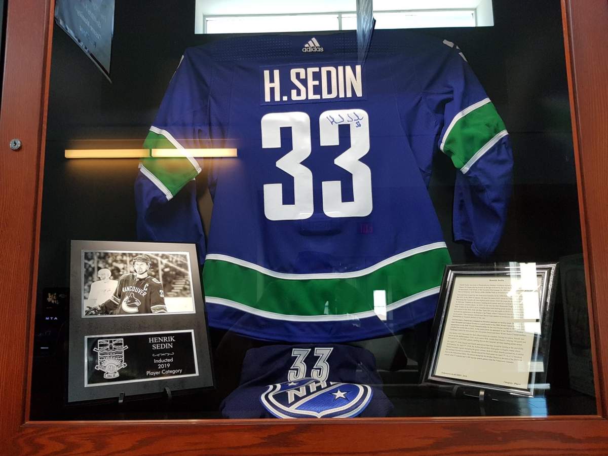 A signed Daniel Sedin jersey inside the BC Hockey Hall of Fame before it was allegedly stolen earlier this month.