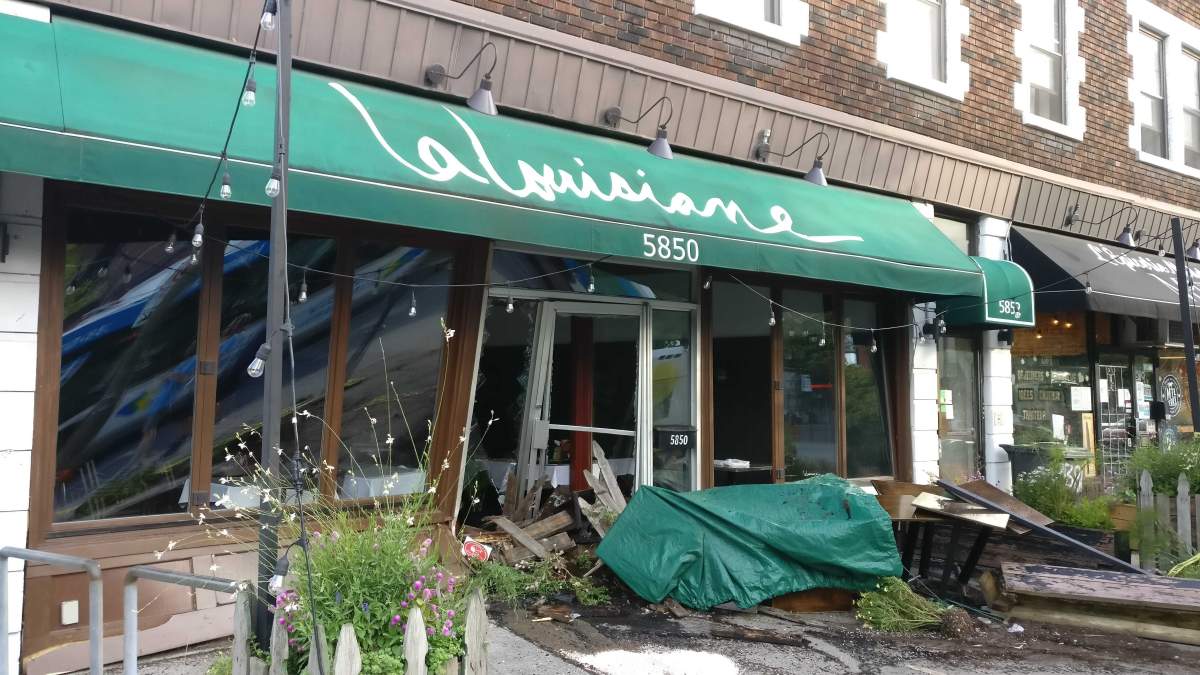 According to police, the woman was driving southbound on Draper Avenue and says she got distracted and almost collided with a city bus heading West on Sherbrooke. The woman then veering into the restaurant to avoid the bus.