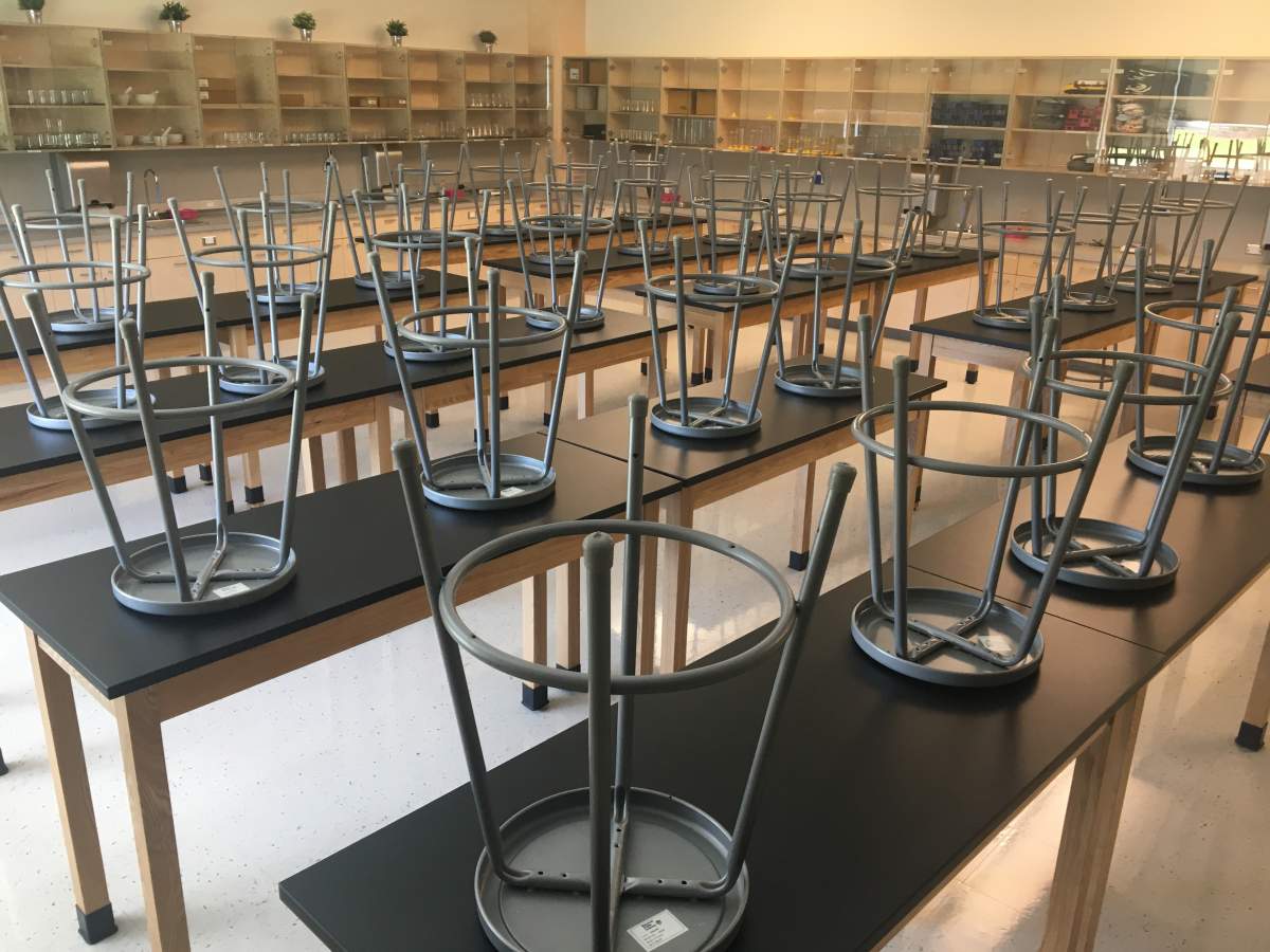 A science lab at Lillian Osborne High School in Edmonton is ready for 35 students when classes resume.
