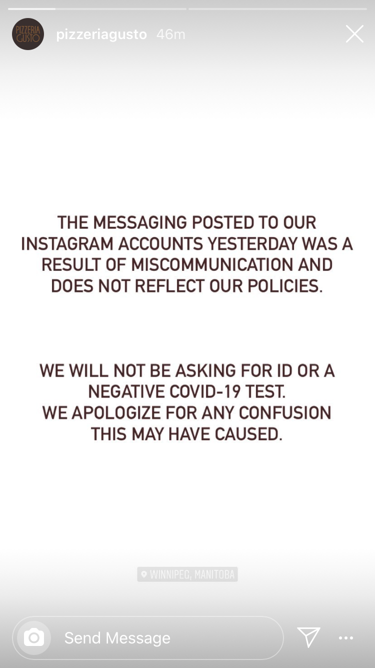 Pizzaria Gusto and The Merchant Kitchen posted a statement on Aug. 15 retracting their statements from earlier in the week. / INSTAGRAM