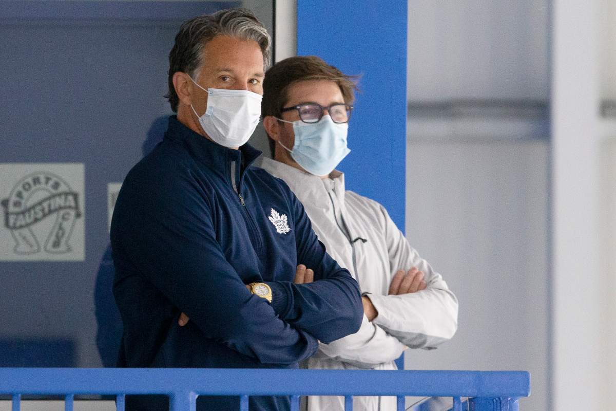 Toronto Maple Leafs President Brendan Shanahan (left) and General Manager Kyle Dubas at training camp in Toronto, on July 13, 2020, ahead of the resumption of the NHL season.