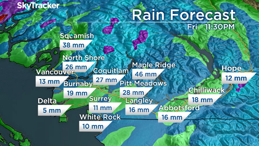 A computer prognosis showing projected rainfall totals for Friday evening.