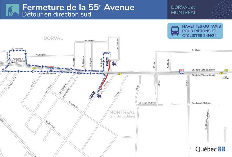 Fermeture de la 55e Avenue – Détour en direction sud (Groupe CNW/Ministère des Transports)