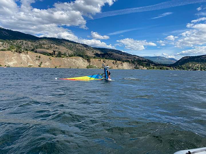 An overturned catamaran on Skaha Lake on Aug. 8, 2020.