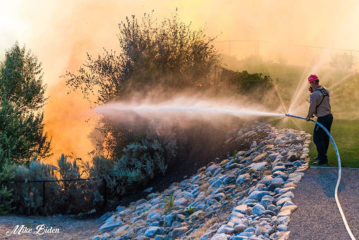A firefighter battling the blaze.