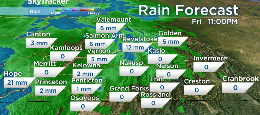 A computer forecast of projected rainfall for B.C.’s Southern Interior on Friday. Isolated thunderstorms could result in heavier amounts in some areas.