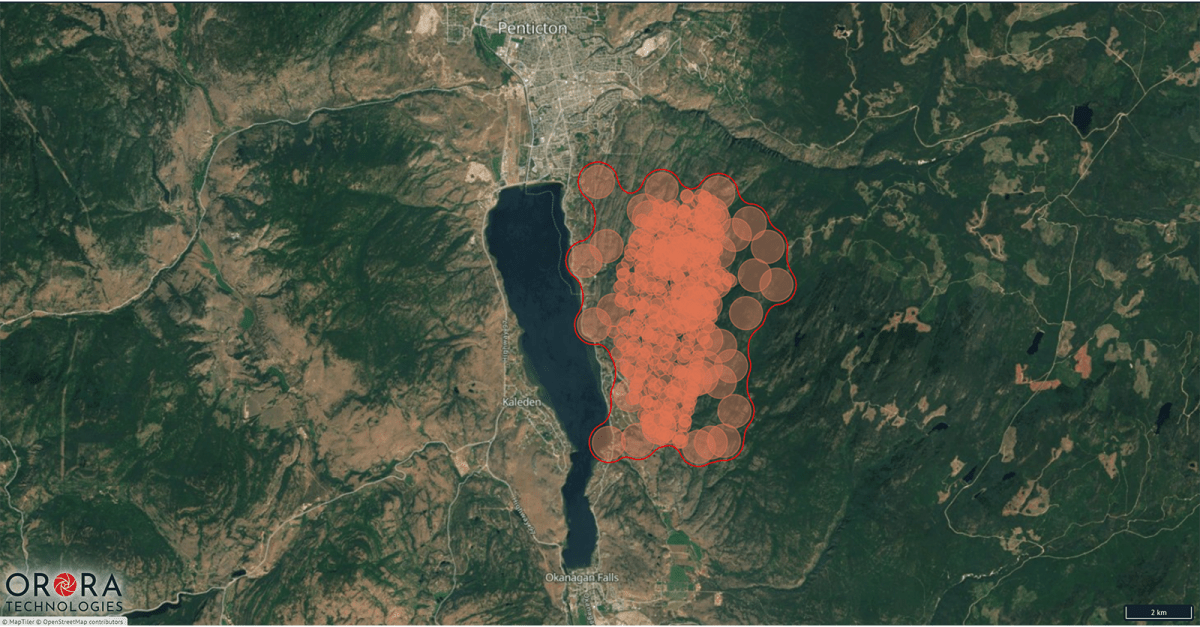 A satellite photo showing hotspot detection from Wednesday of the Christie Mountain wildfire near Okanagan Falls. The company, OroraTech, says there were 146 hotspots at 4:30 a.m., but 376 at 12:30 p.m., and that 12 different satellite sources were used.