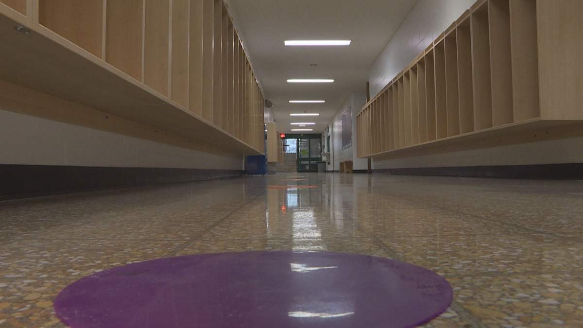 Physical-distancing markers are on the floors at WMEMS and additional storage has been added in the hallways to free up space for physical distancing inside the classrooms.