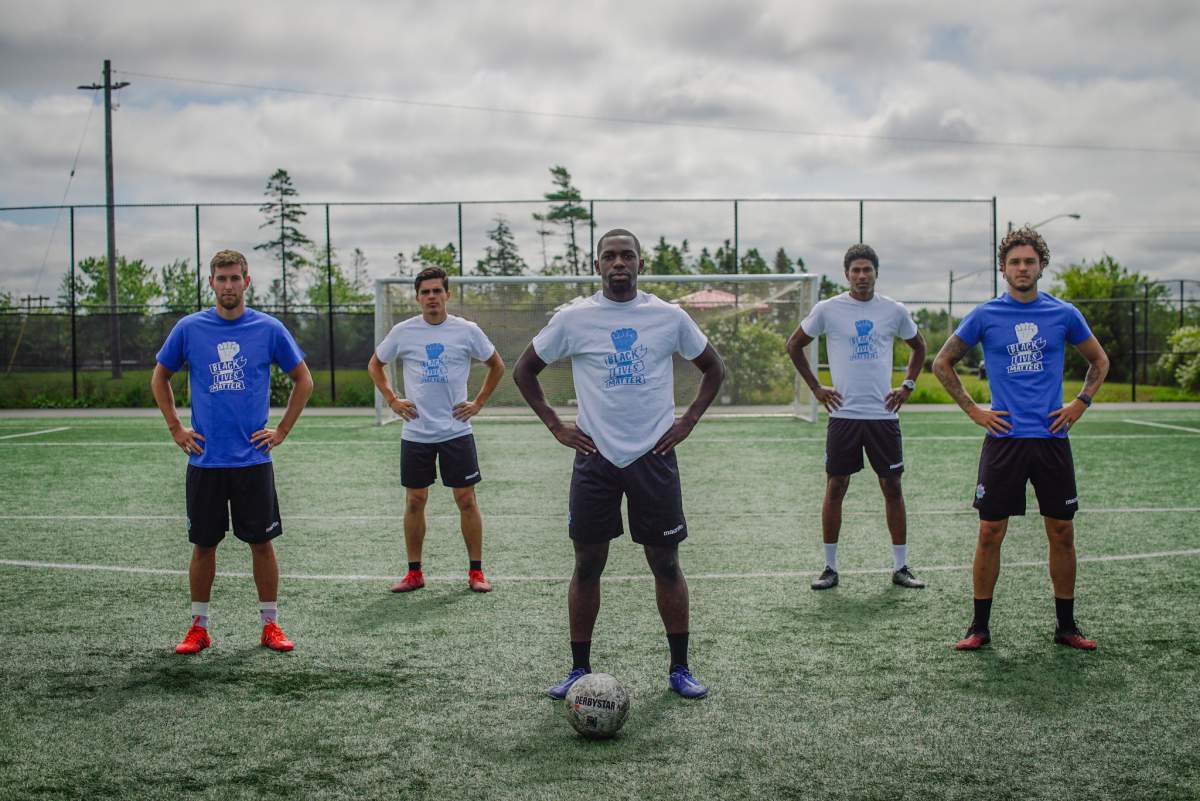 (Left to right) Wanderers players Louis Béland-Goyette, Mateo Restrepo, Chrisnovic N’sa, Andre Rampersad and João Morelli.