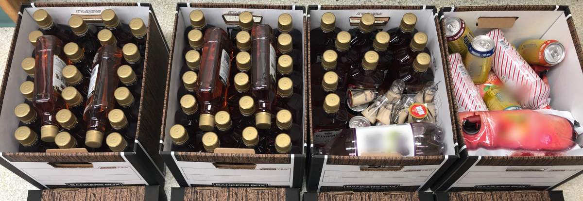 Wollaston Lake RCMP display some of the alcohol seized on Aug. 16, 2020.