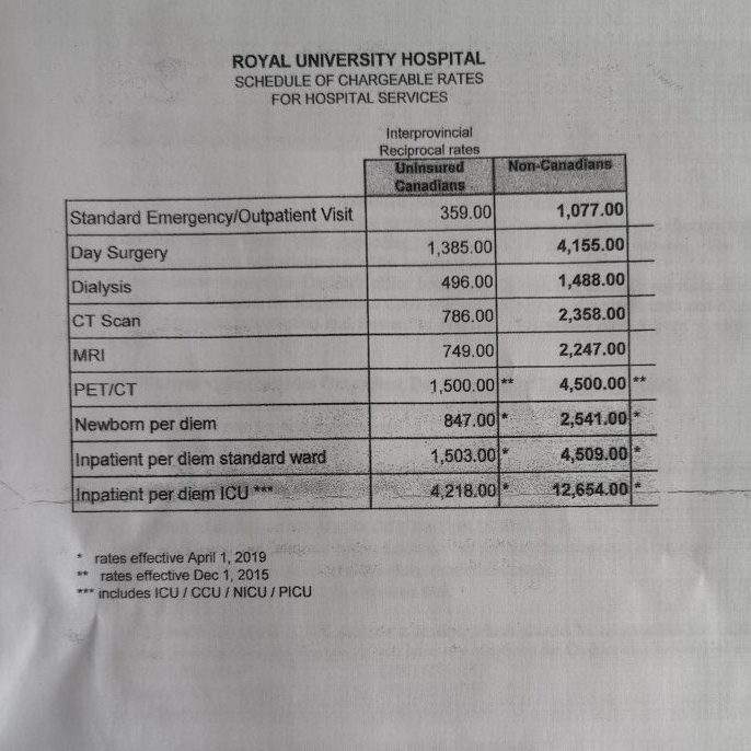 A document given to Sandra Medina by a doctor shows what some hospital procedures and stays cost for a non-Canadian without insurance. Medina says she cannot afford it.