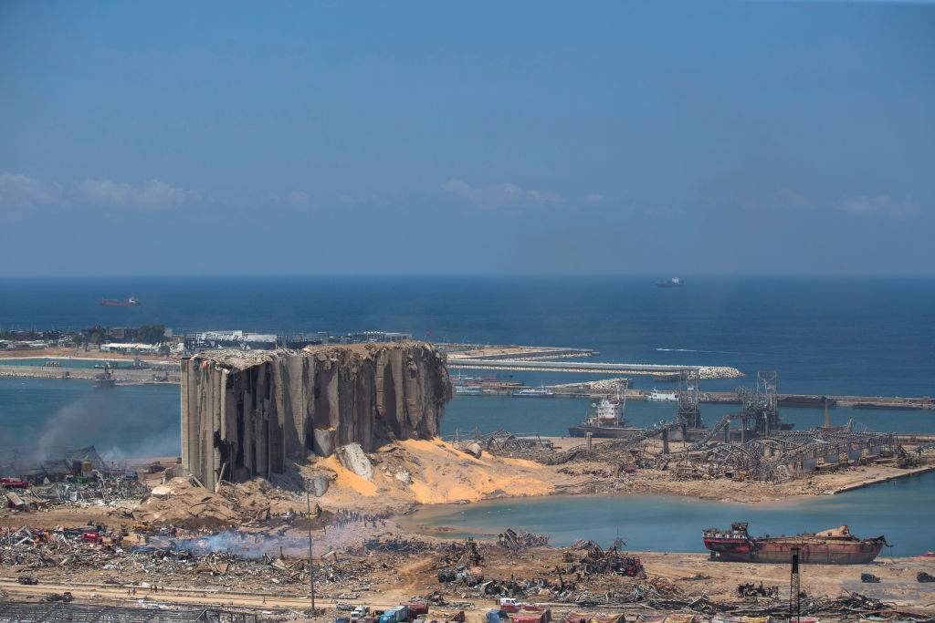 Destroyed buildings are visible a day after a massive explosion occurred at the port on Aug. 5, 2020, in Beirut, Lebanon.