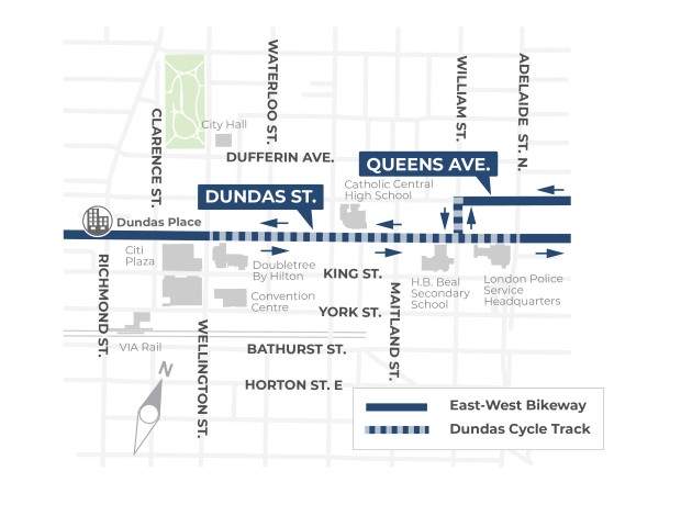 The Dundas Cycle Track will see a permanent, separated east-west route along Dundas Street between Wellington and Adelaide streets.