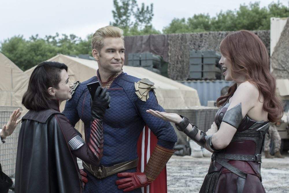 Stormfront (Aya Cash), left, Homelander (Antony Starr) and Queen Maeve (Dominique McElligott) are shown in a scene from ‘The Boys’ Season 2.