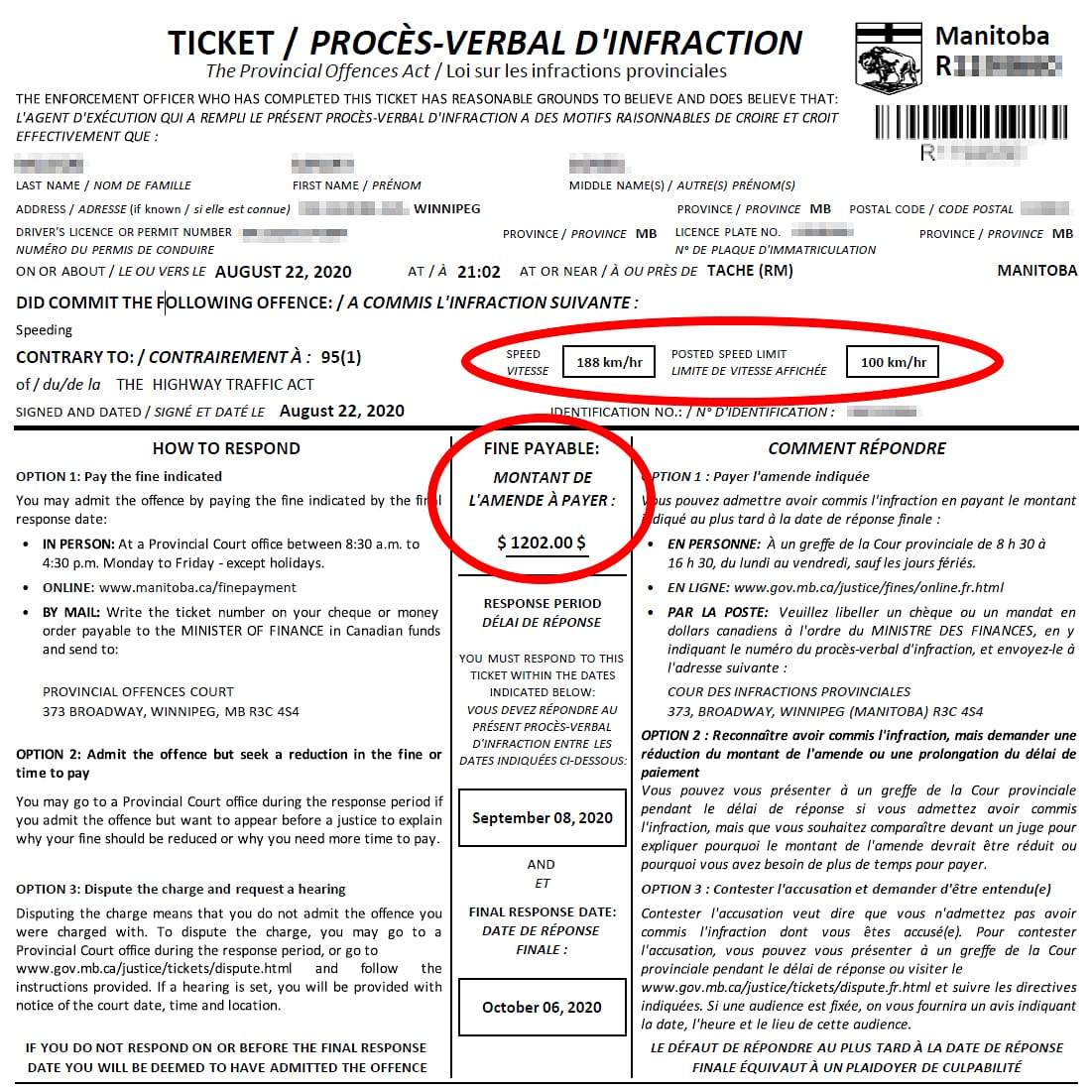 The driver received a $1,202 ticket from Manitoba RCMP.
