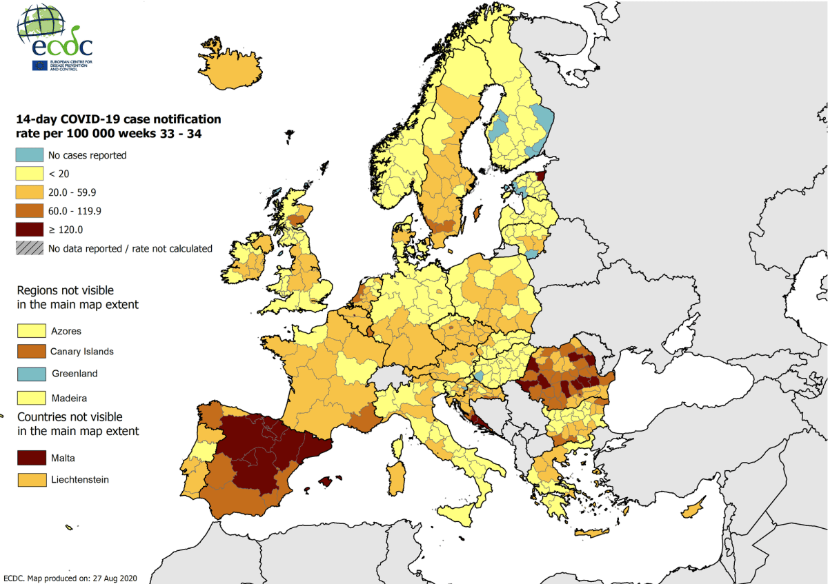 The 14-day COVID-19 case notification rate per 100,000 people on August 29, 2020. (European Centre for Disease Prevention and Control).