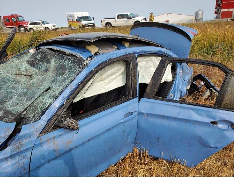 Another angle of the crashed car that injured three people.