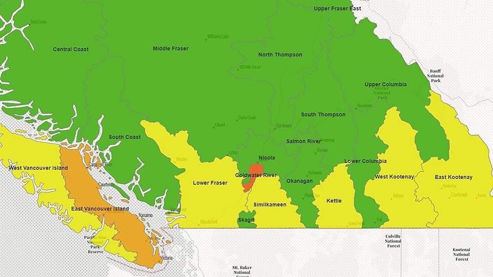 A map showing areas of drought concern in B.C., on Sept. 10, 2020.